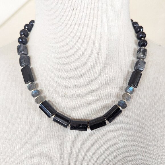 Steel Grey & Black Labradorite &  Black Tourmaline Statement Strand Necklace - Picture 1 of 3